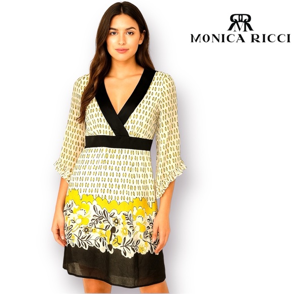Monica Ricci Black and Yellow V-neckline Floral Silk Dress - Picture 1 of 6